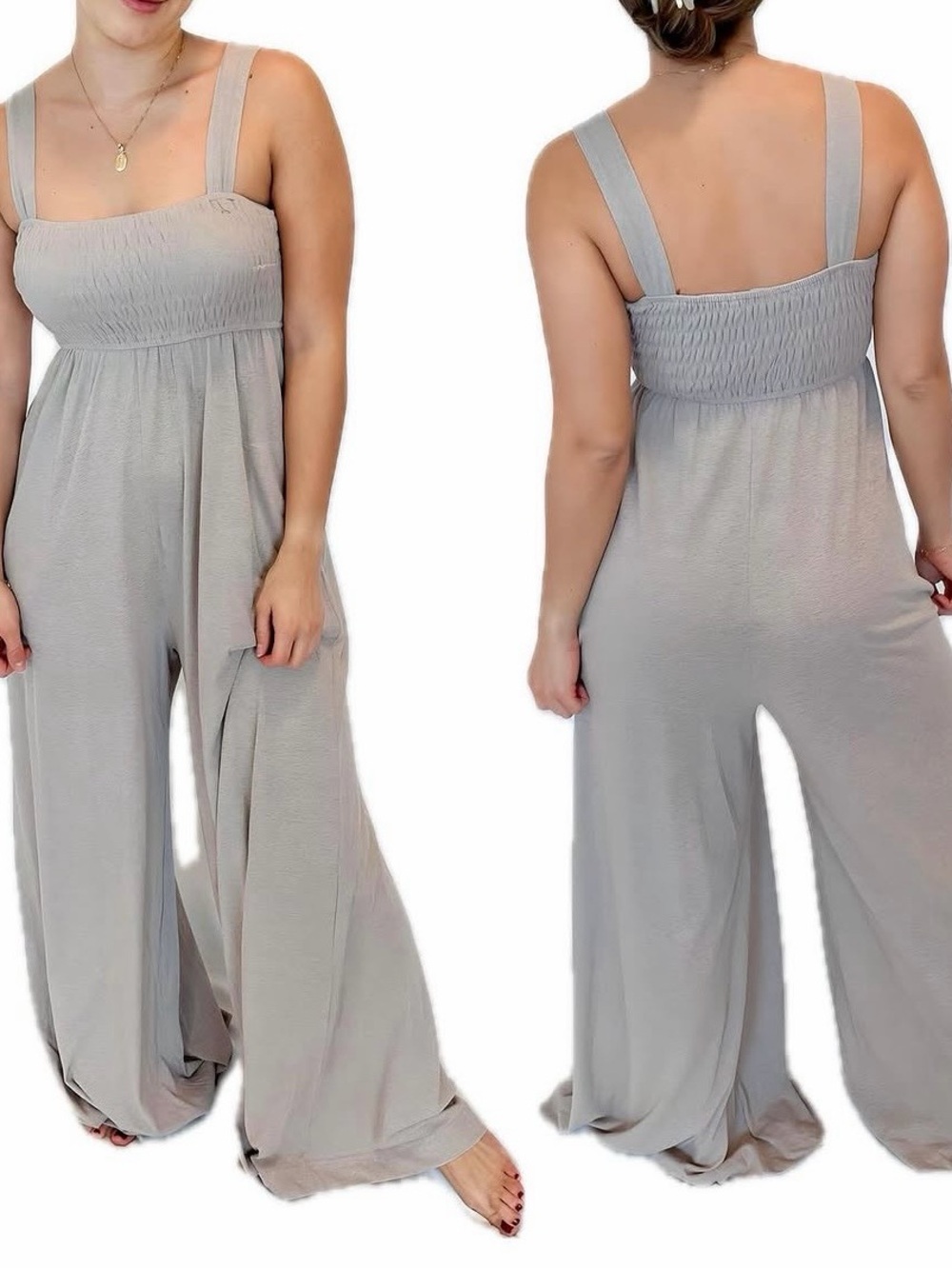 Wide-Leg Smocked Strap Jumpsuit in Light Gray